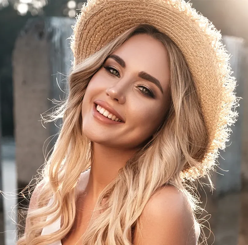 Portrait of beautiful blonde girl smiling in straw hat
