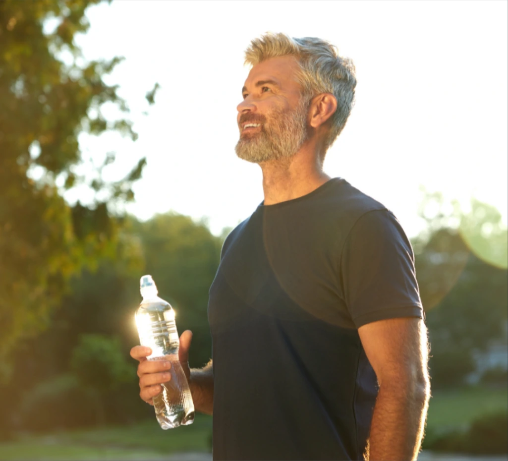 Happy healthy mature man holding water bottle while walking outdoors