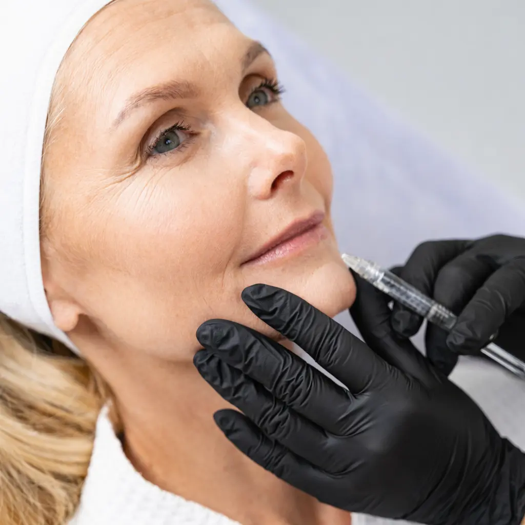 gorgeous mature woman during dermal filler treatment