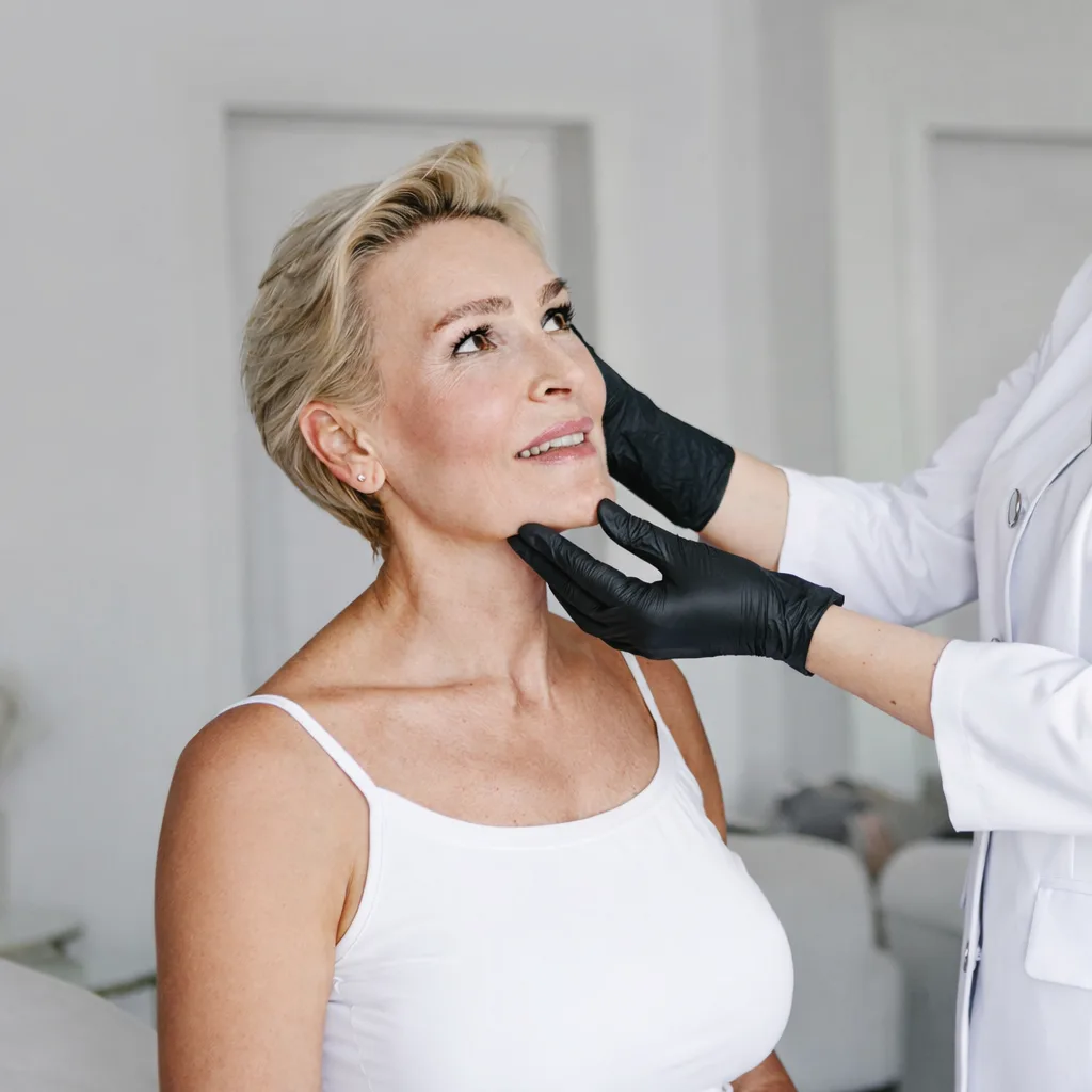 examining mature woman's face on professional anti-aging consultation