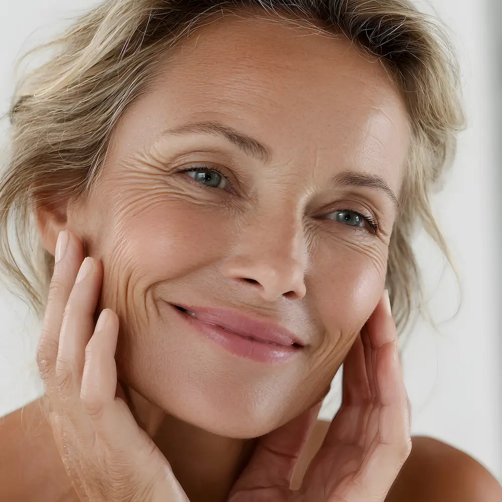 gorgeous mature woman looking in the mirror and smiling