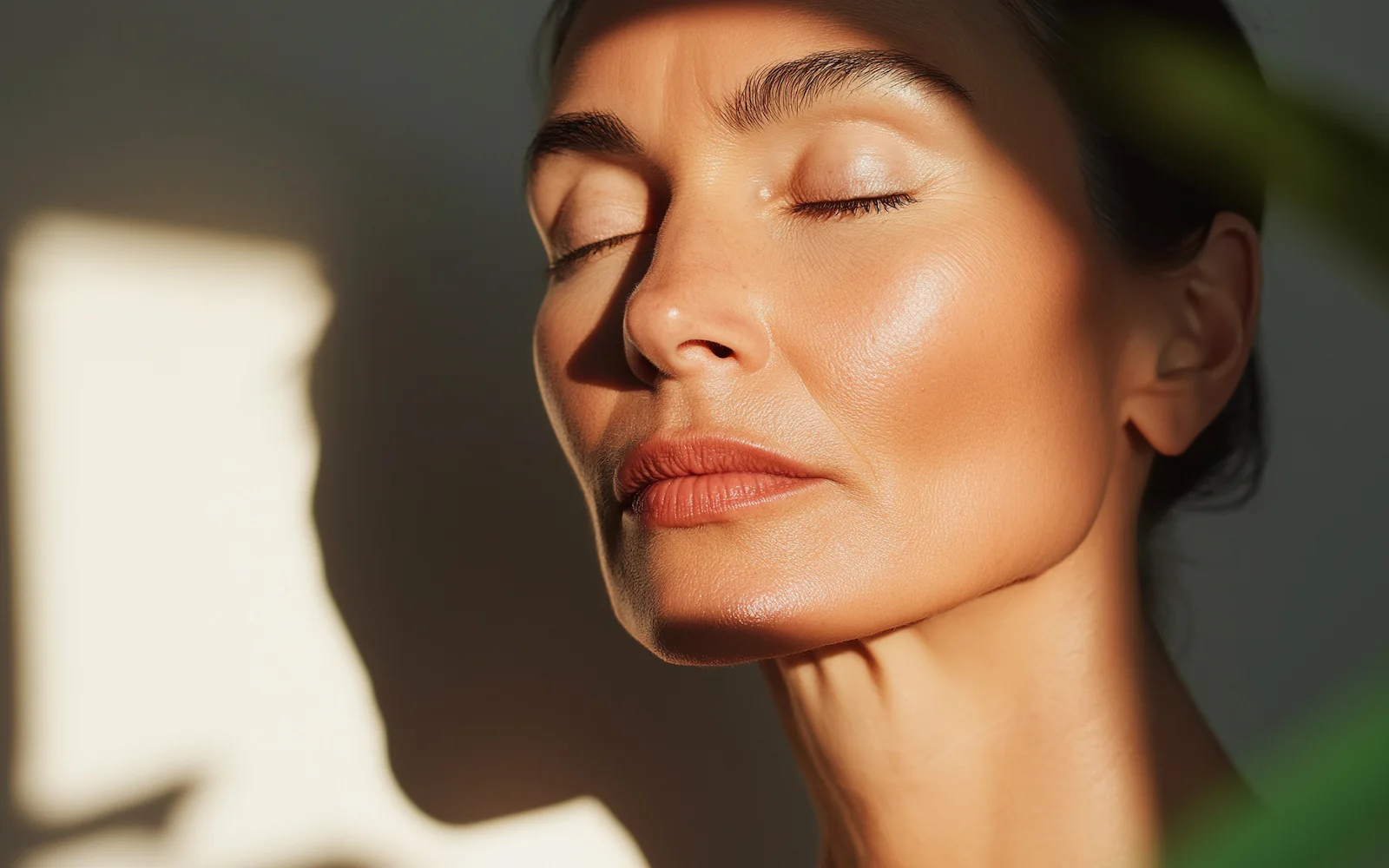 beautiful mature woman closing her eyes and showing her skin in natural light