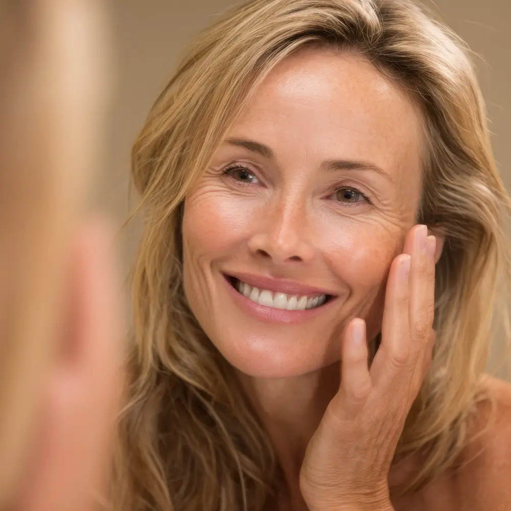 middle aged woman looking at her cheek filler in the mirror, happy with her results