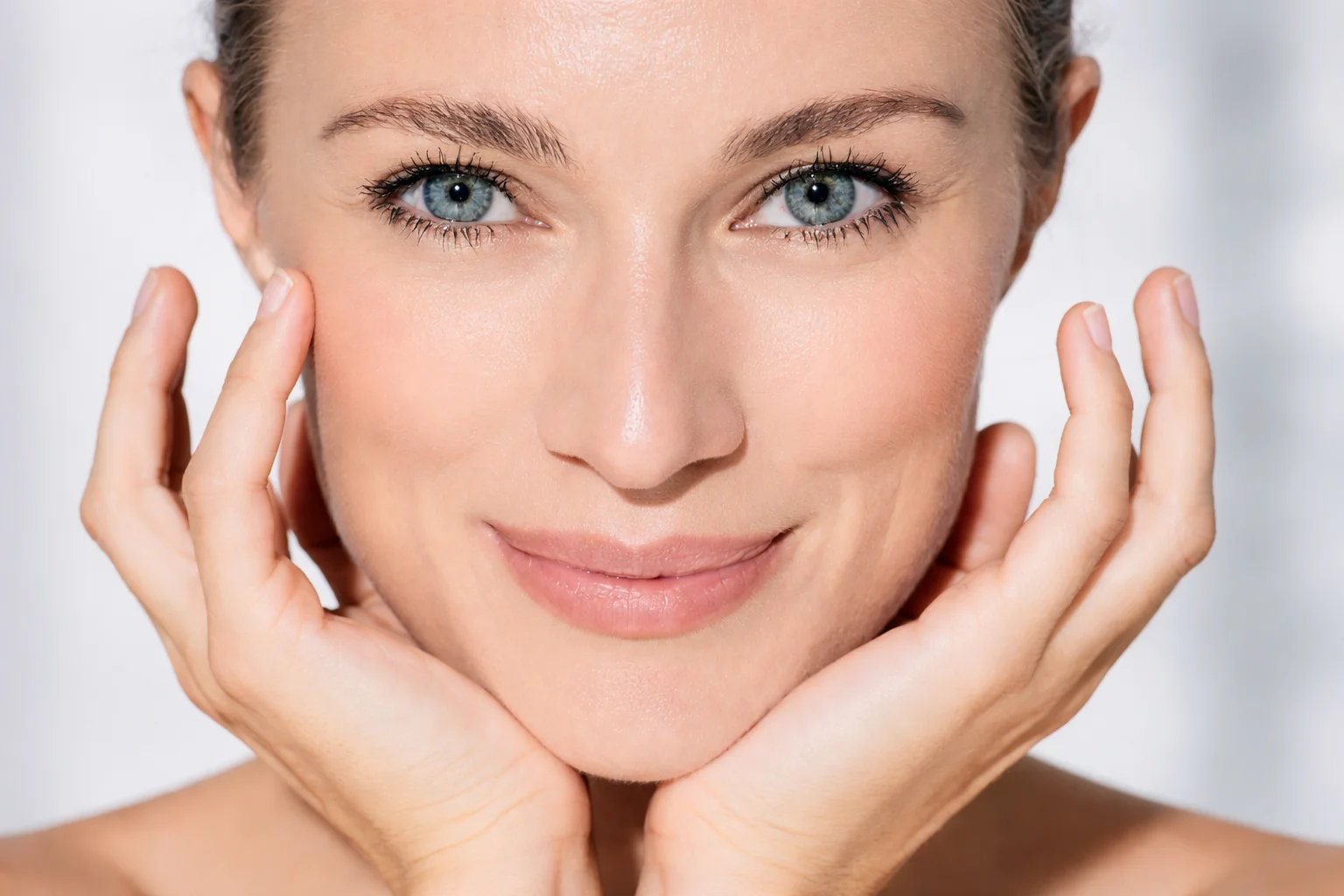 beautiful woman with radiant blue eyes and glowing skin