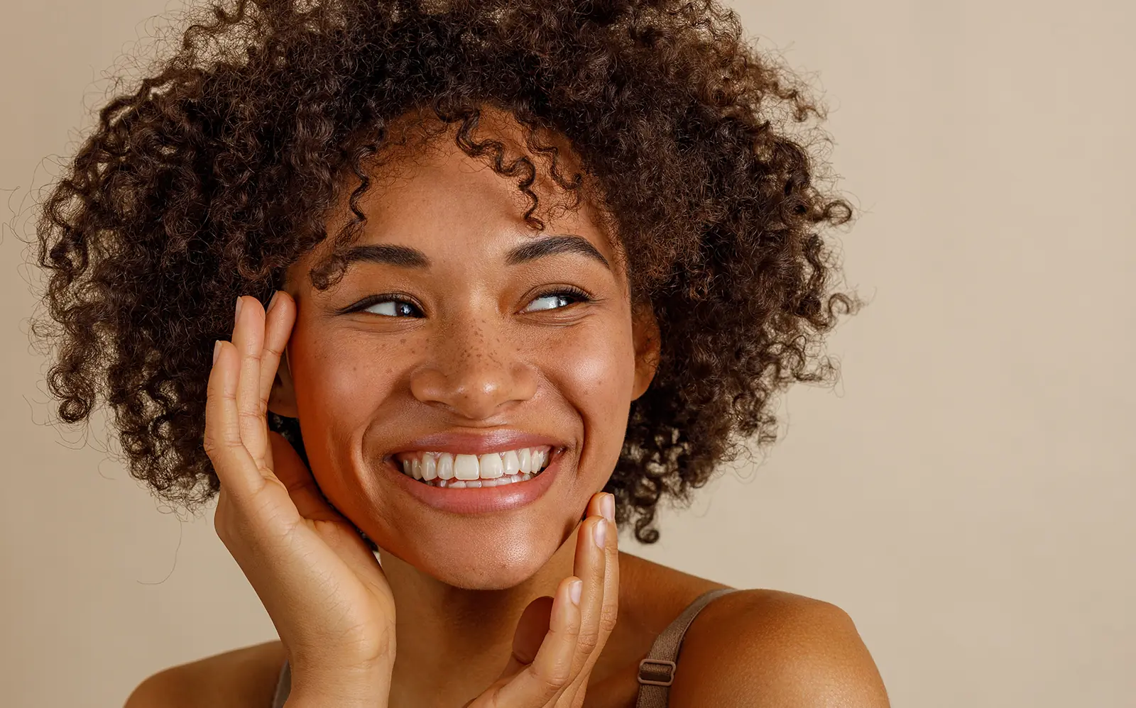 happy woman touching clear healthy skin