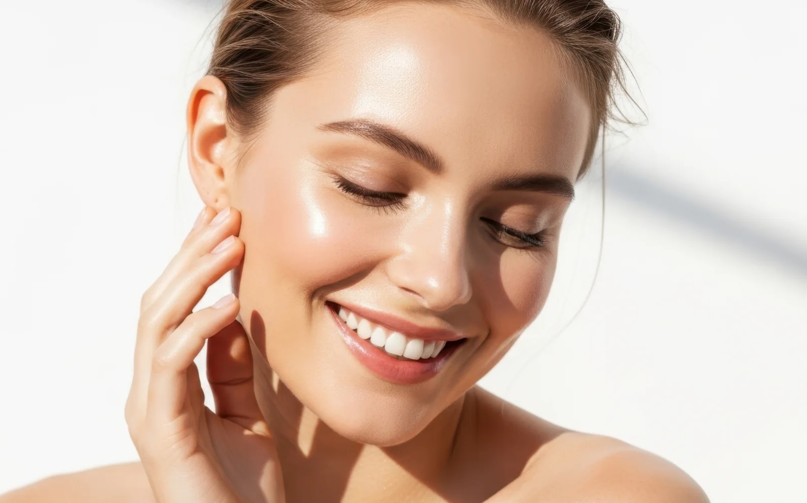 young woman with clear complexion showing off dewy skin
