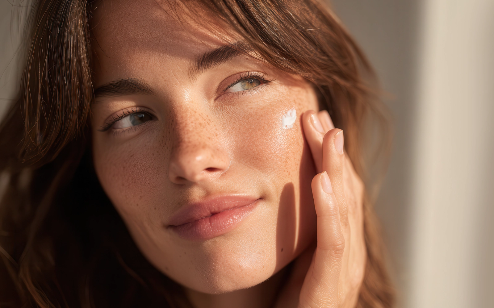woman with radiant skin applying medical grade skincare to her face