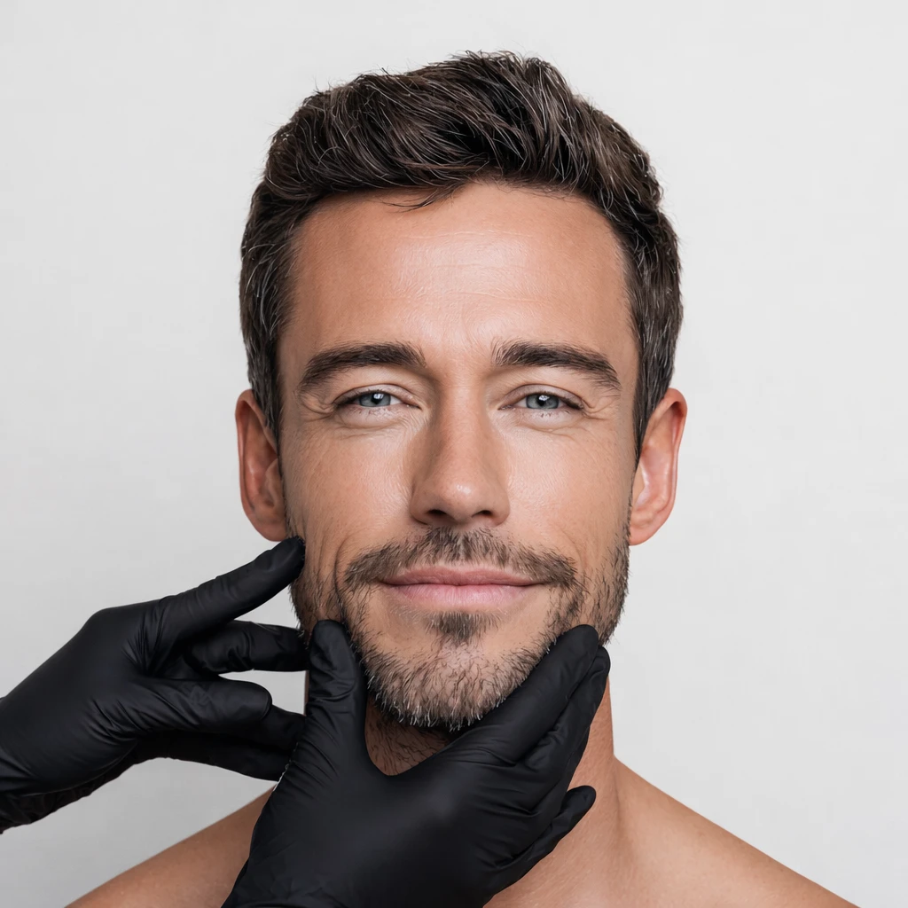 Man with defined jawline and natural results after non-surgical enhancement