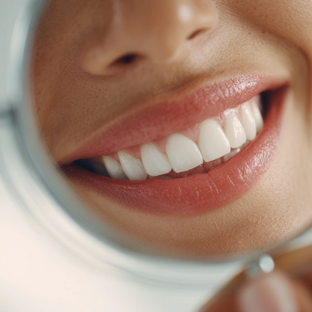 woman looking in the mirror smiling after botox lip flip