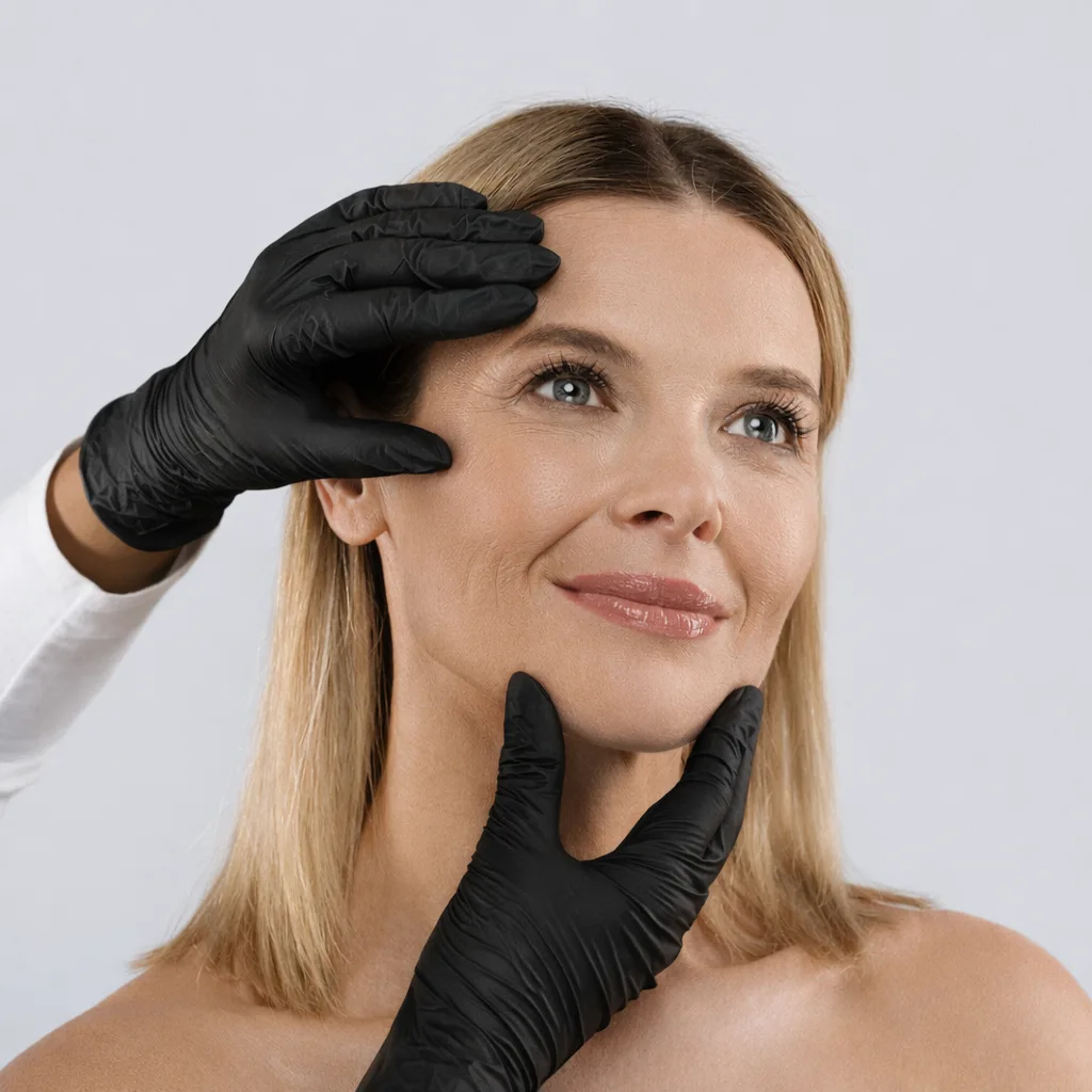 woman having her face analyzed for a liquid facelift