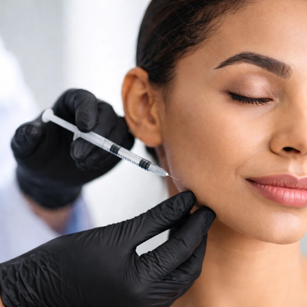 Woman receiving masseter Botox injection for jaw slimming treatment