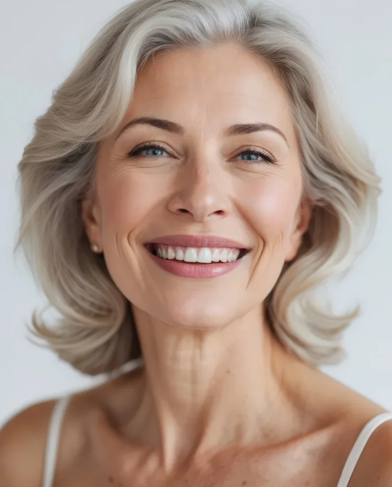 gorgeous mature woman with gray hair smiling