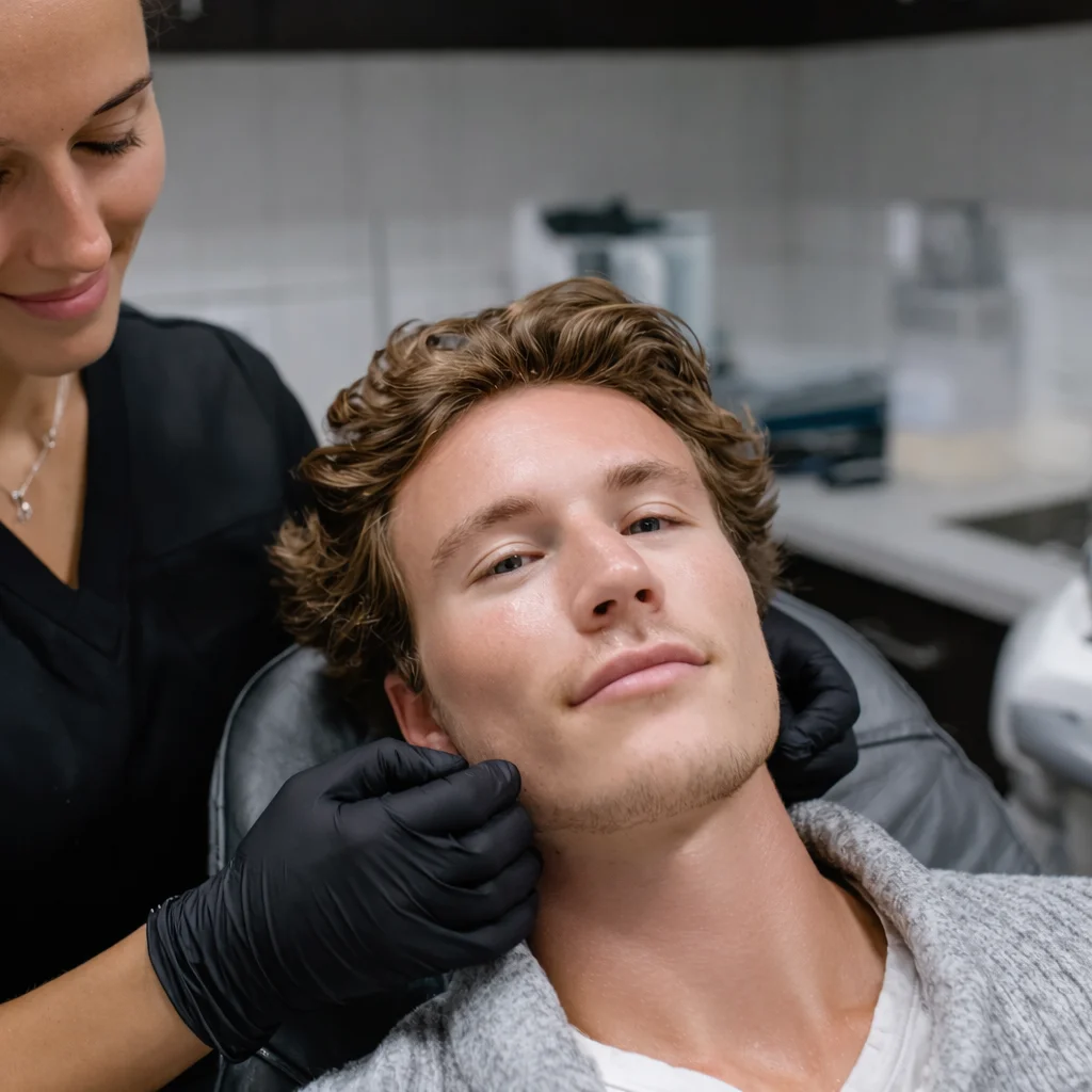 male patient during med spa consultation for skin tightening