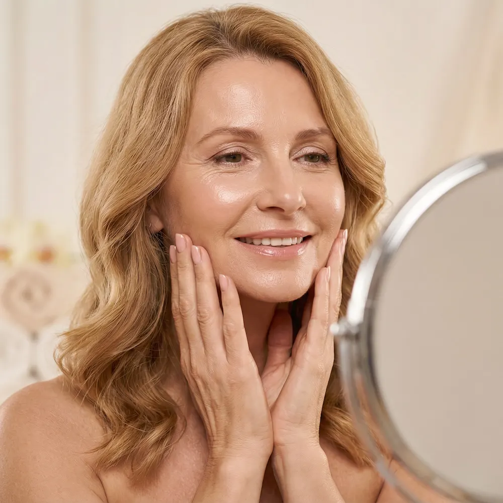 woman looking in the mirror at her skin