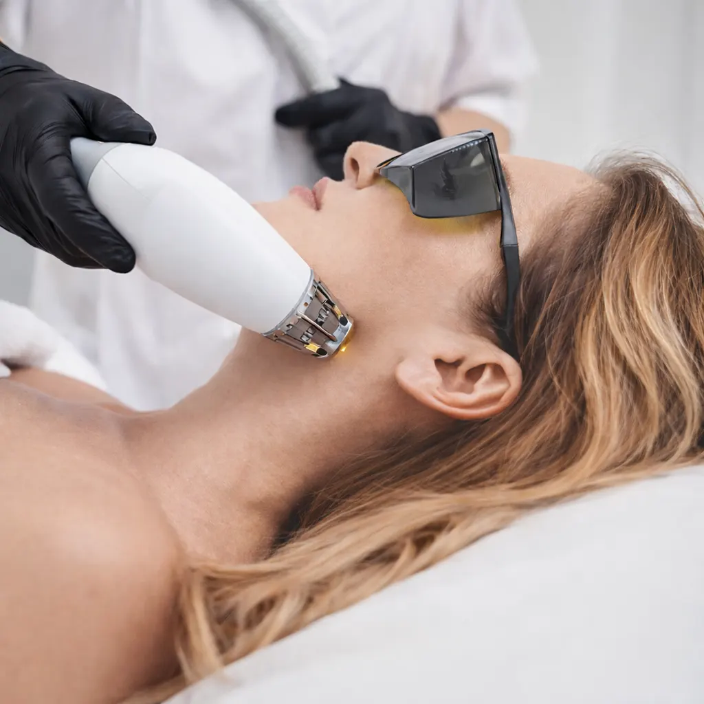 patient during moxi laser treatment for skin rejuvenation