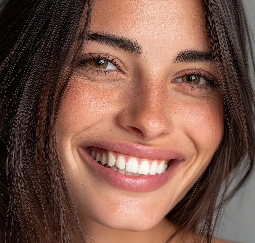 woman smiling after her non surgical rhinoplasty