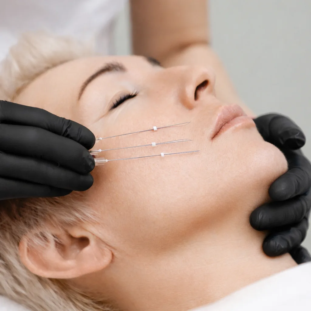 patient during thread lift procedure on cheeks and midface
