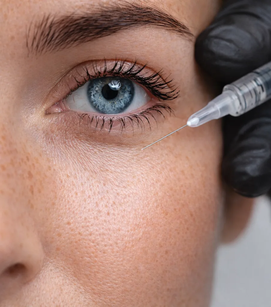 patient during tear trough filler treatment for under eye hollows